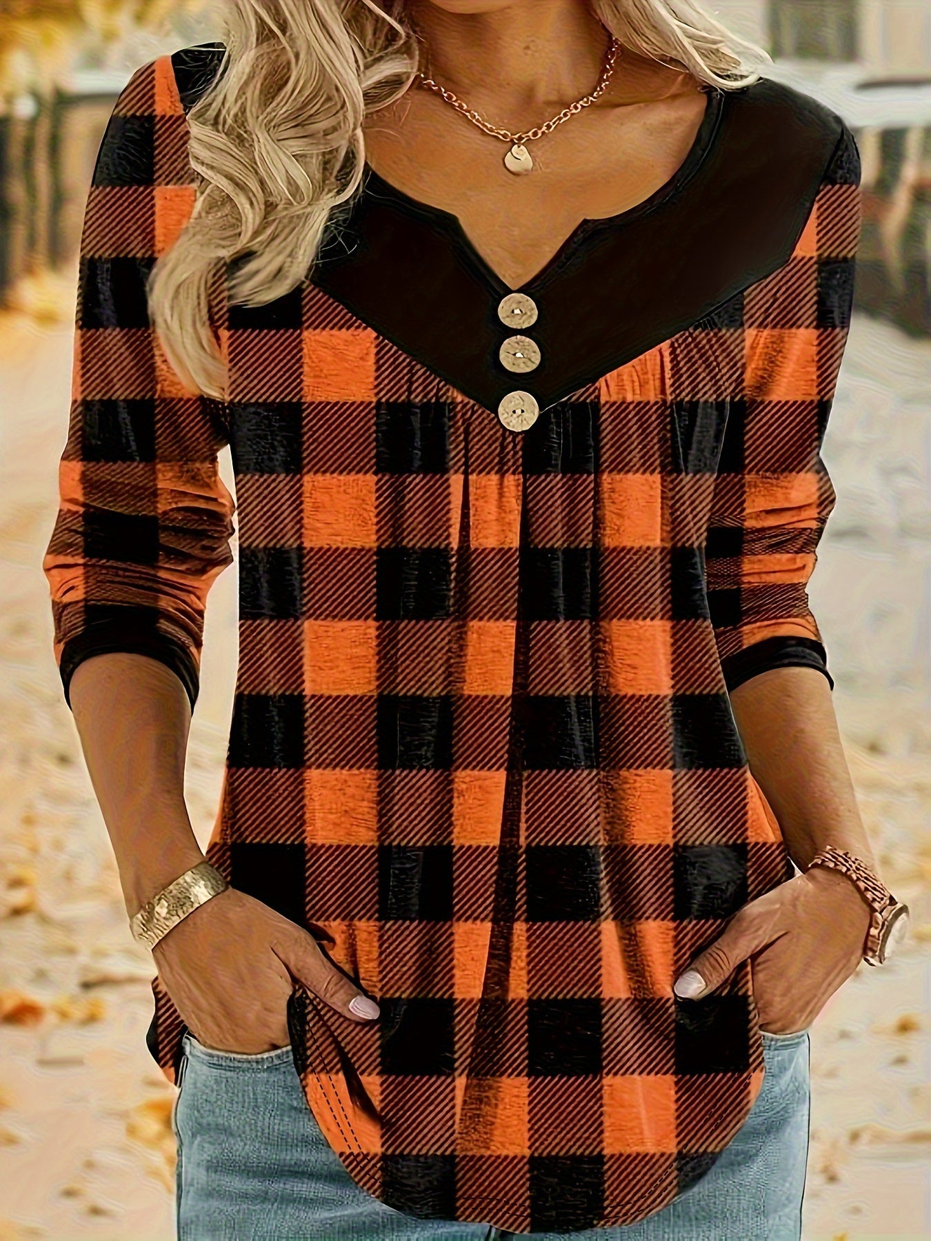 Plaid Print Notch Neck Button T-Shirt, Casual Long Sleeve T-Shirt For Spring & Fall, Women's Clothing