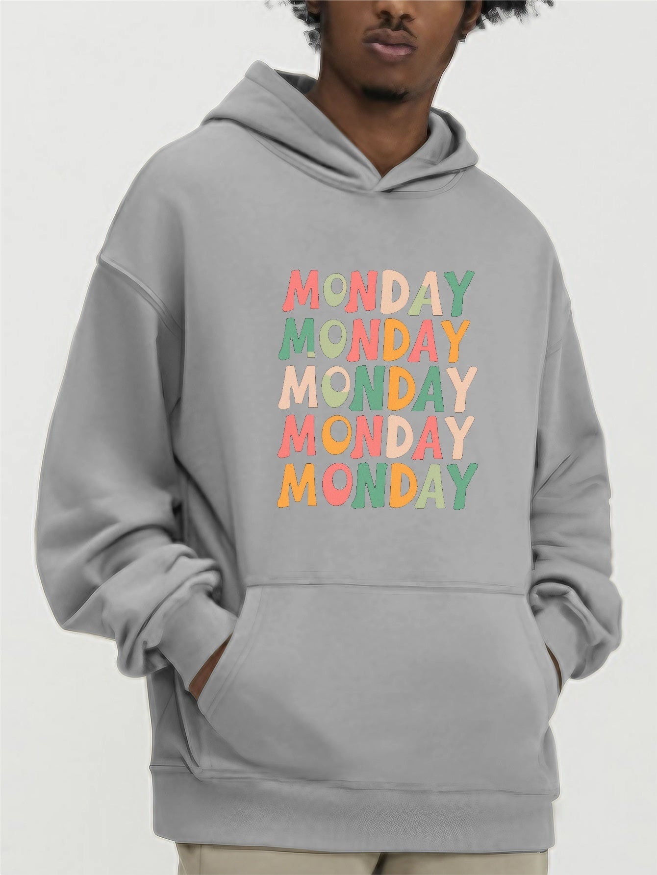 Men's Letter MONDAY Print Hoodie, Casual Loose Hooded Long Sleeve Slightly Stretch Top, Men's Clothings For Outdoor