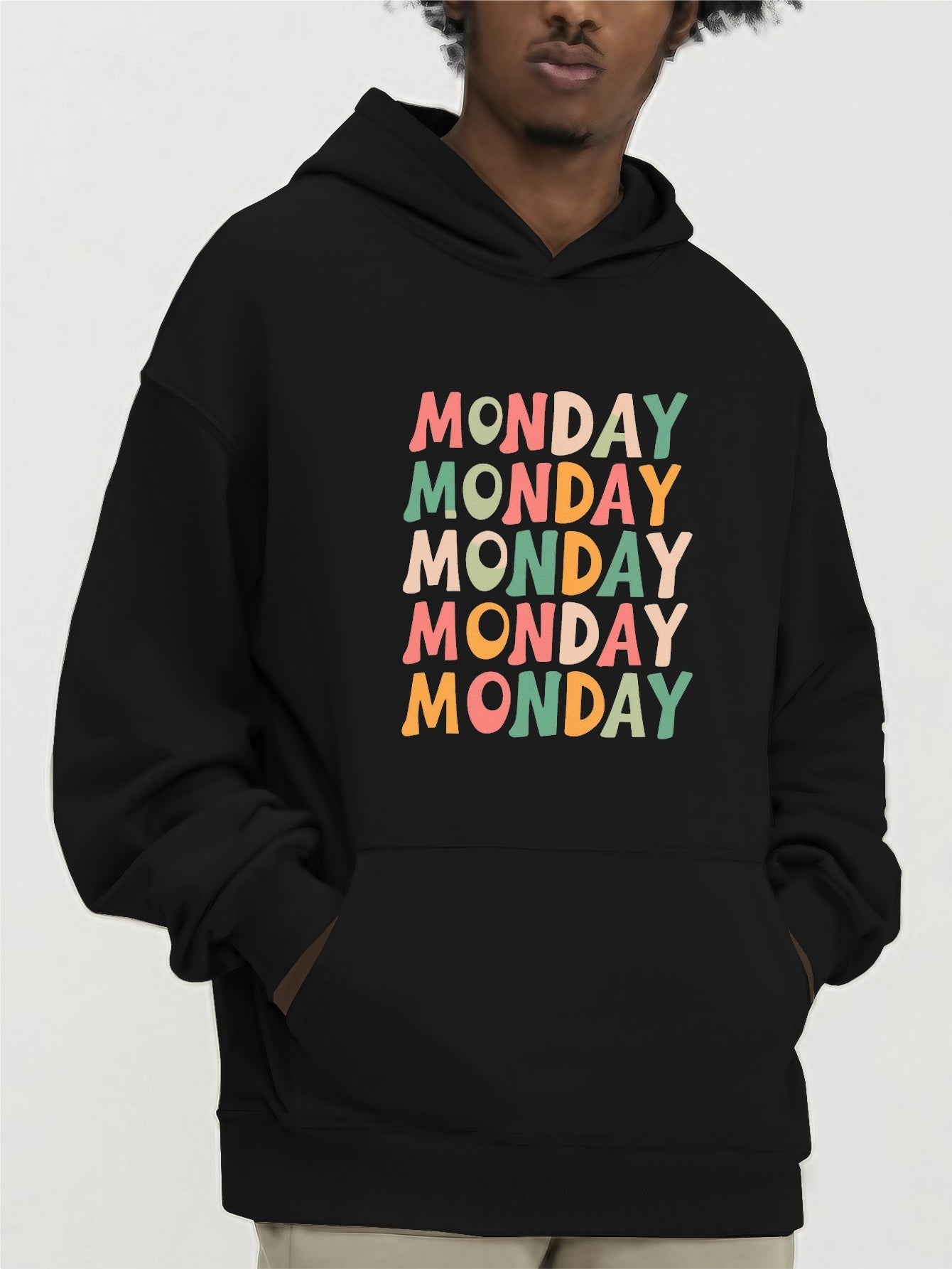 Men's Letter MONDAY Print Hoodie, Casual Loose Hooded Long Sleeve Slightly Stretch Top, Men's Clothings For Outdoor