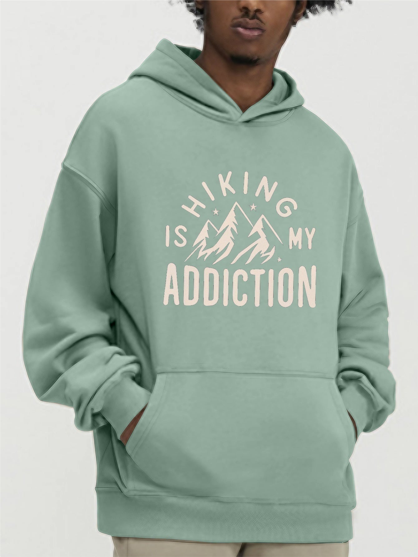 Men's Letter ADDICTION Print Hoodie, Casual Loose Hooded Long Sleeve Slightly Stretch Top, Men's Clothings For Outdoor