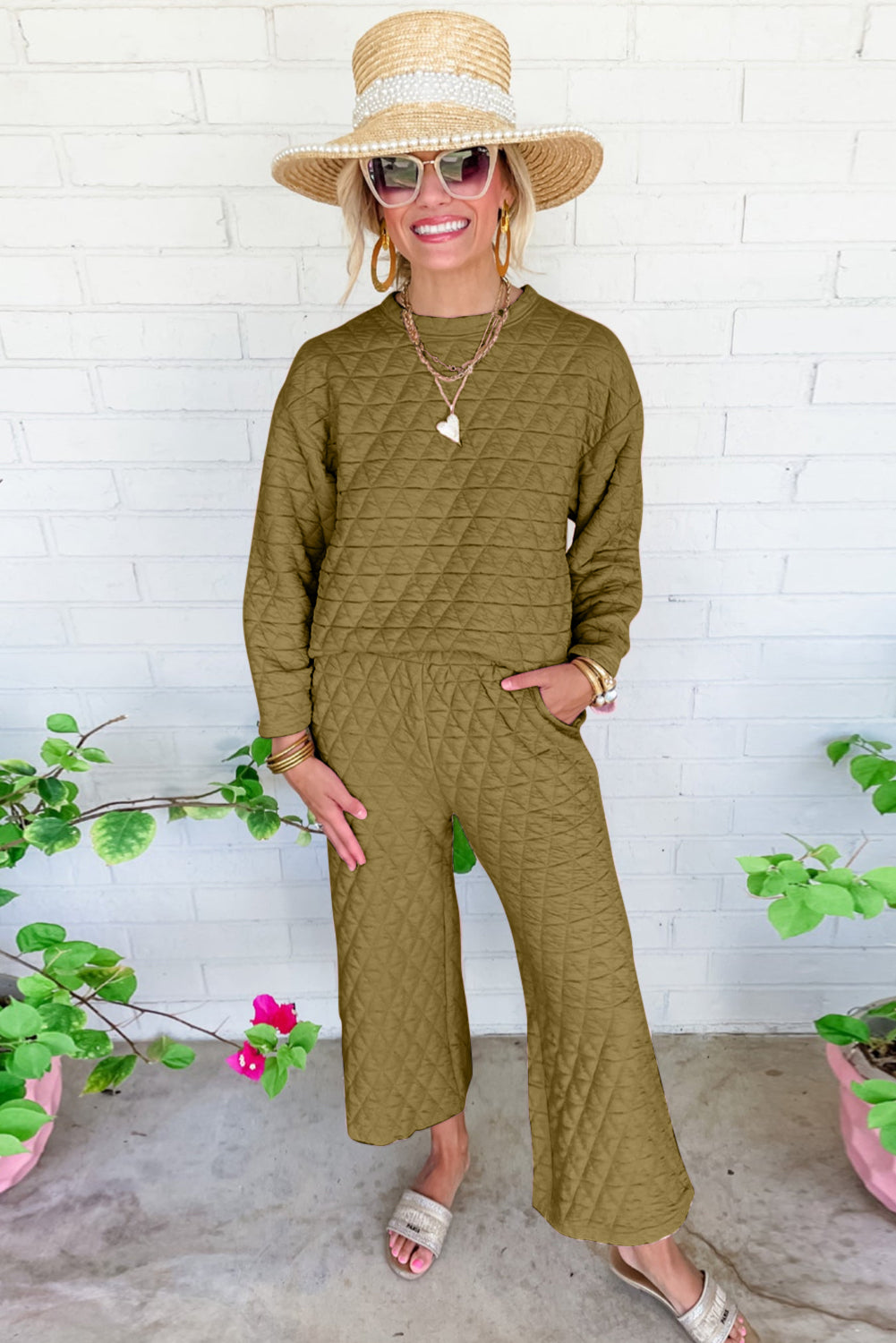 Conjunto de pantalón y jersey acolchado liso gris oscuro
