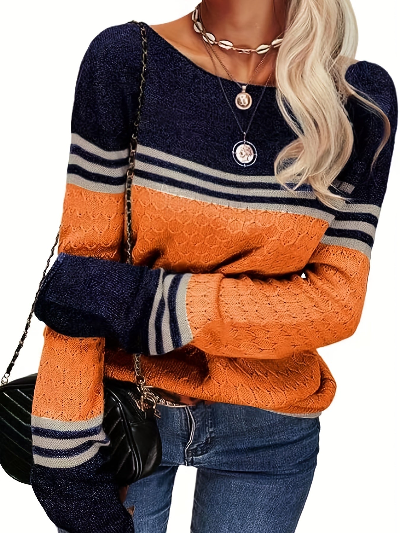 Color Block Boat Neck Pullover Sweater, Casual Long Sleeve Sweater For Fall & Winter, Women's Clothing