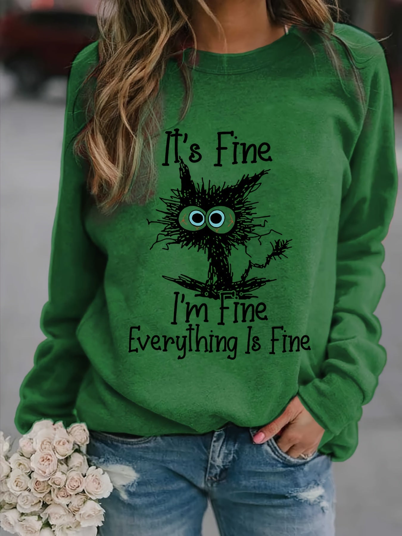 It's Fine Cartoon Cat Print Sweatshirt, Long Sleeve Crew Neck Casual Sweatshirt For Winter & Fall, Women's Clothing