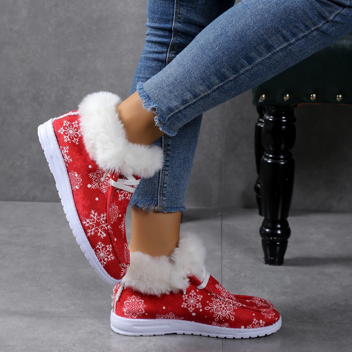 Women's Cartoon Print Fluffy Shoes, Slip On Fleece Lining Flat Soft Sole Shoes, Winter Plush Christmas Canvas Shoes