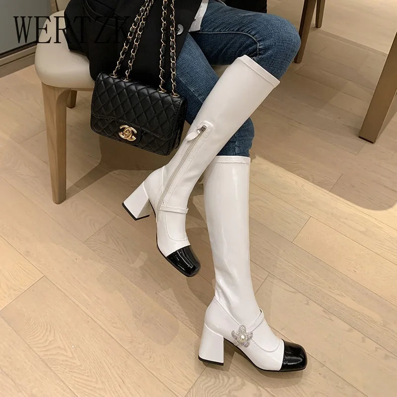 Brand Design Skidproof Sole Cozy Chunky Heels Fashion Elasticity Leisure Cool Autumn Winter Knee High Boots Shoes Women