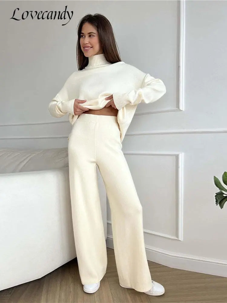 Autumn Women Turtleneck Knitted Sweater Set Casual Solid Sweater High Waist Wide Leg Pant Suit 2022 Fashion Lady Knitwear Outfit