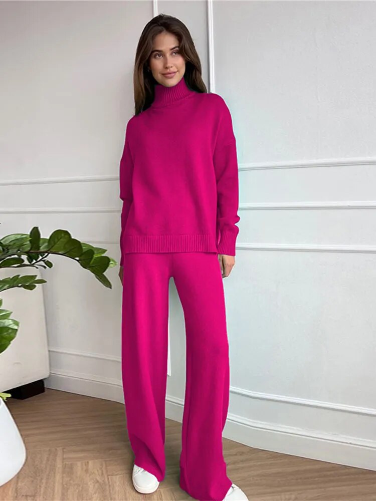 Autumn Women Turtleneck Knitted Sweater Set Casual Solid Sweater High Waist Wide Leg Pant Suit 2022 Fashion Lady Knitwear Outfit