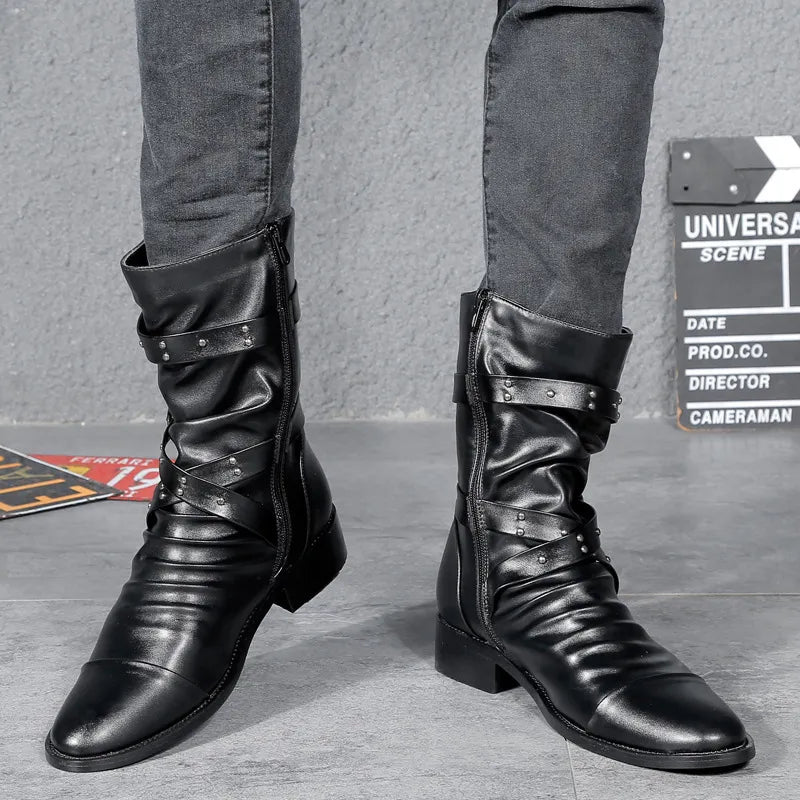 Men's Leather Boots High Quality Biker Boots Black Punk Rock Shoes Men's Women's Tall Boots Size 38--48