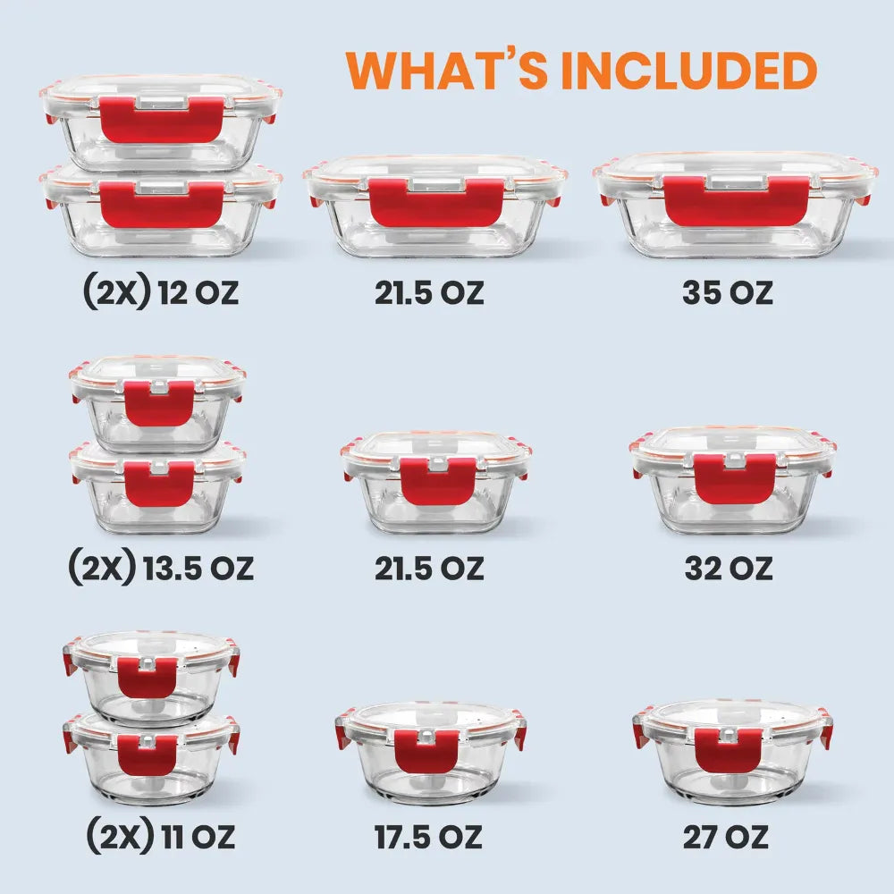 NutriChef 24 Piece Superior Glass Food Storage Set, Locking Hinge Red Lids food storage containers containers for kitchen