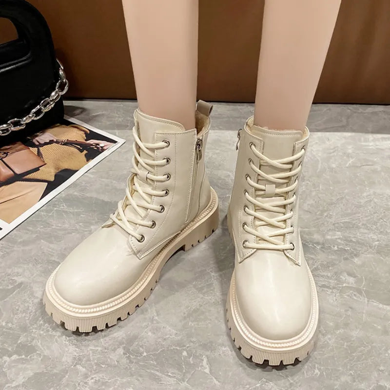 Winter Thicken Plush Ankle Boots Women 2023 New Warm Pu Leather Snow Boots Woman Black Winter Lace-Up Flat Heels Cotton Shoes