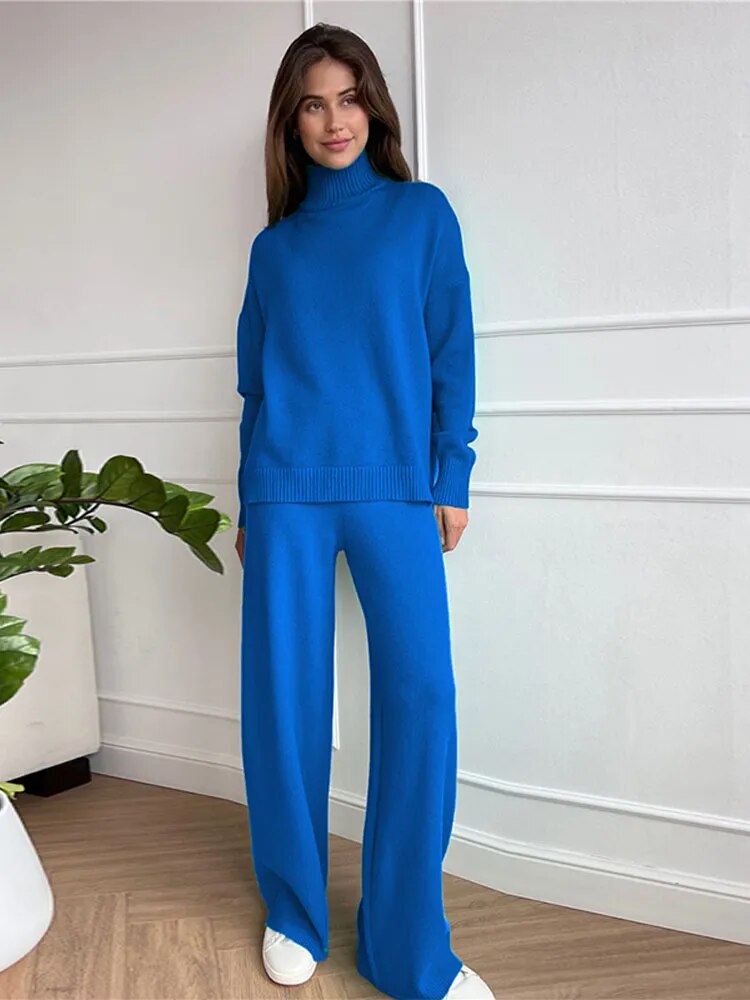 Autumn Women Turtleneck Knitted Sweater Set Casual Solid Sweater High Waist Wide Leg Pant Suit 2022 Fashion Lady Knitwear Outfit