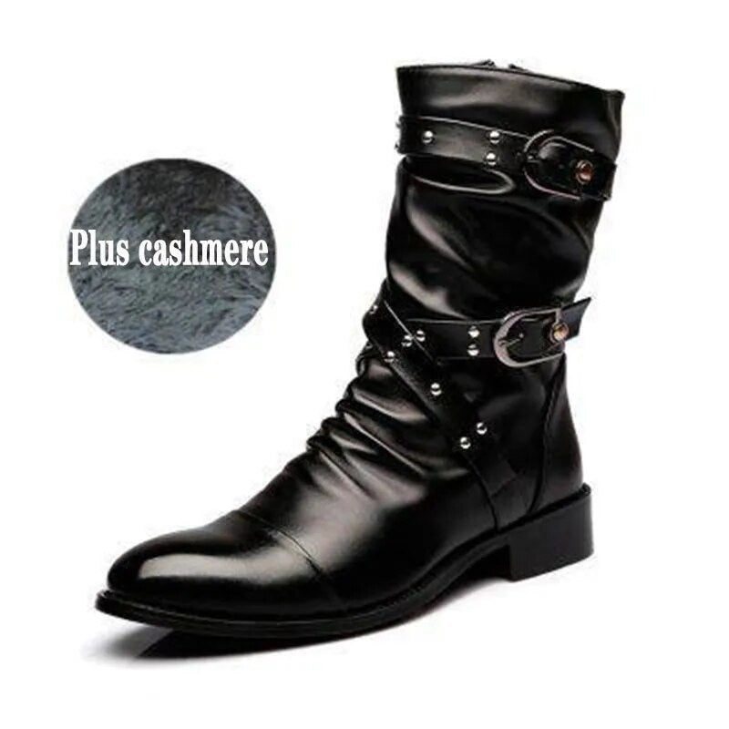 Men's Leather Boots High Quality Biker Boots Black Punk Rock Shoes Men's Women's Tall Boots Size 38--48