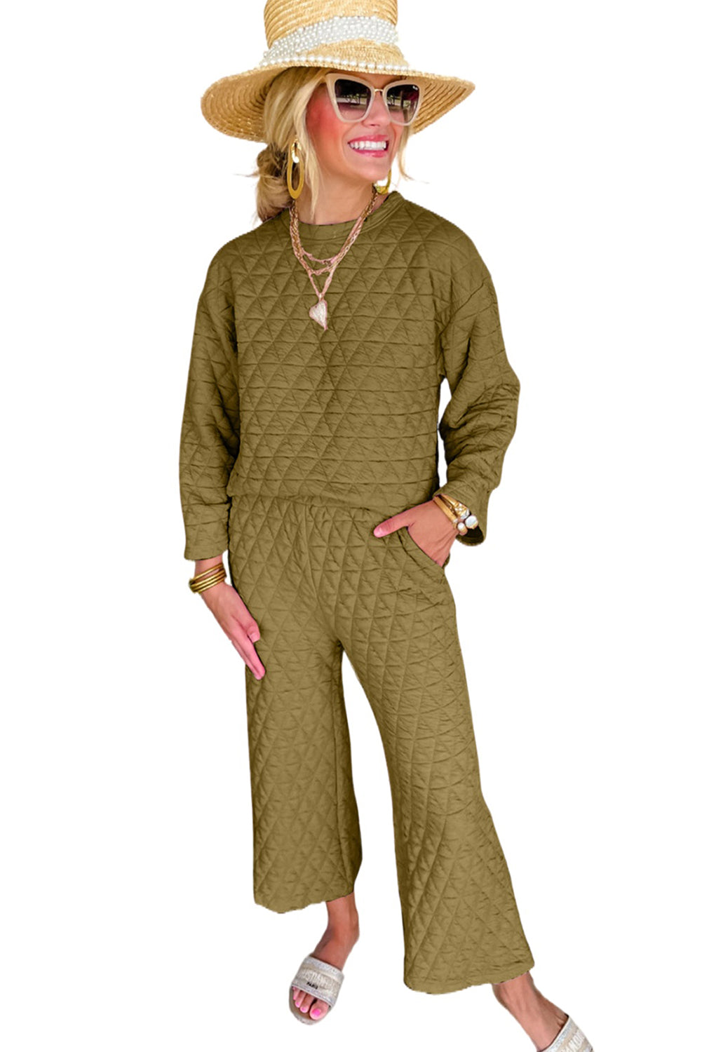 Conjunto de pantalón y jersey acolchado liso gris oscuro