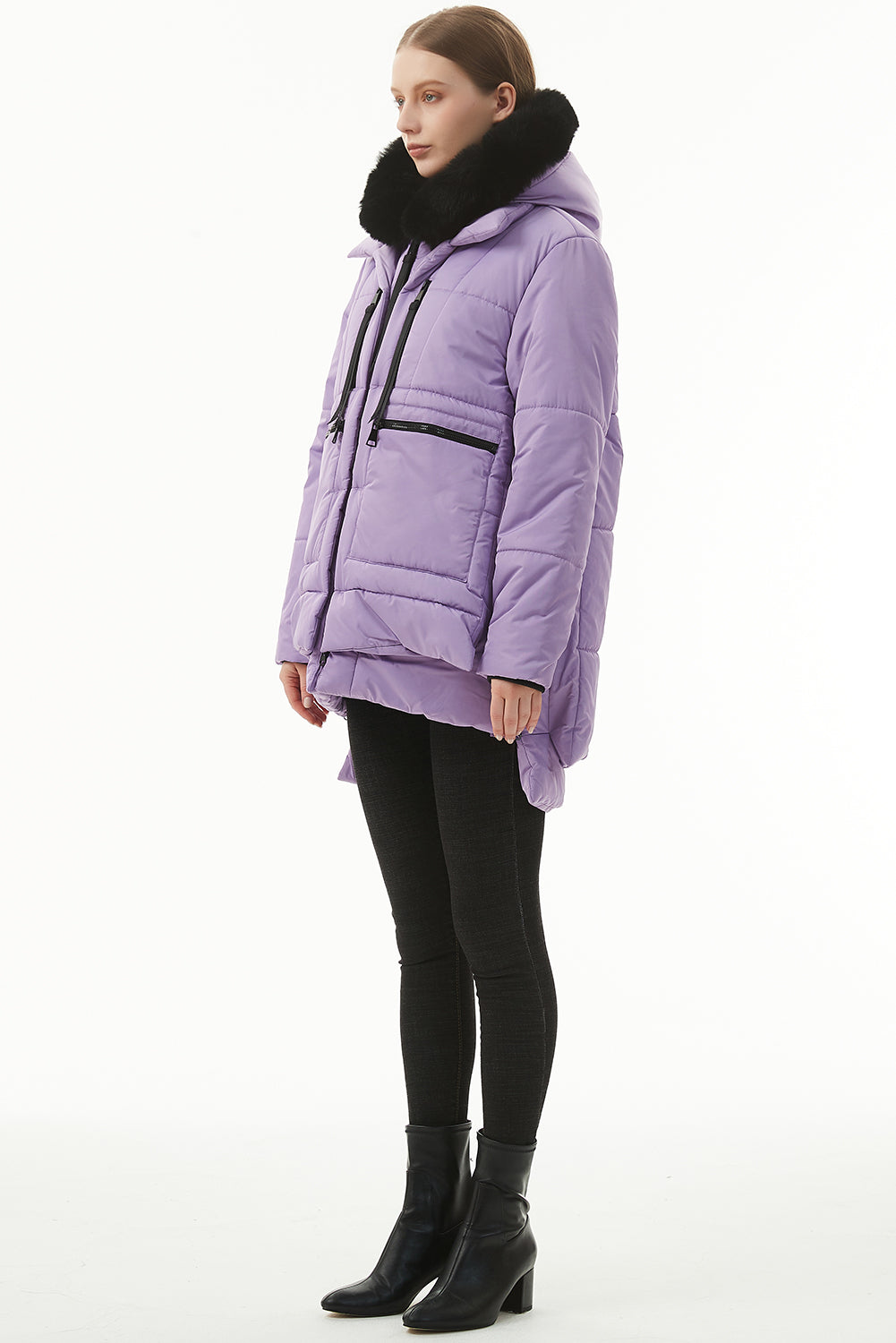 Beige Plush Linen Zip Up Hooded Puffer Coat