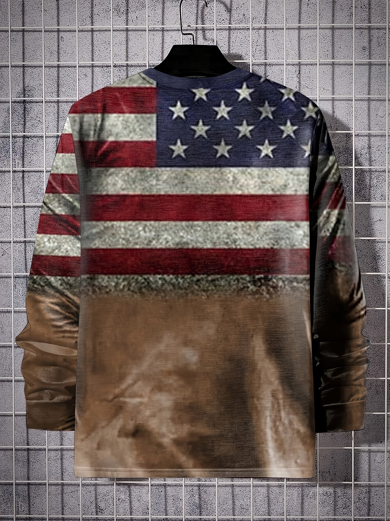 Men's 3D American Flag Graphic Long Sleeve T-shirt, Casual Slightly Stretch Breathable Pullover Top For Outdoor