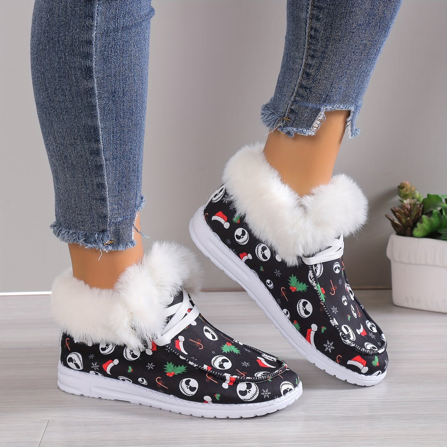 Women's Cartoon Print Fluffy Shoes, Slip On Fleece Lining Flat Soft Sole Shoes, Winter Plush Christmas Canvas Shoes