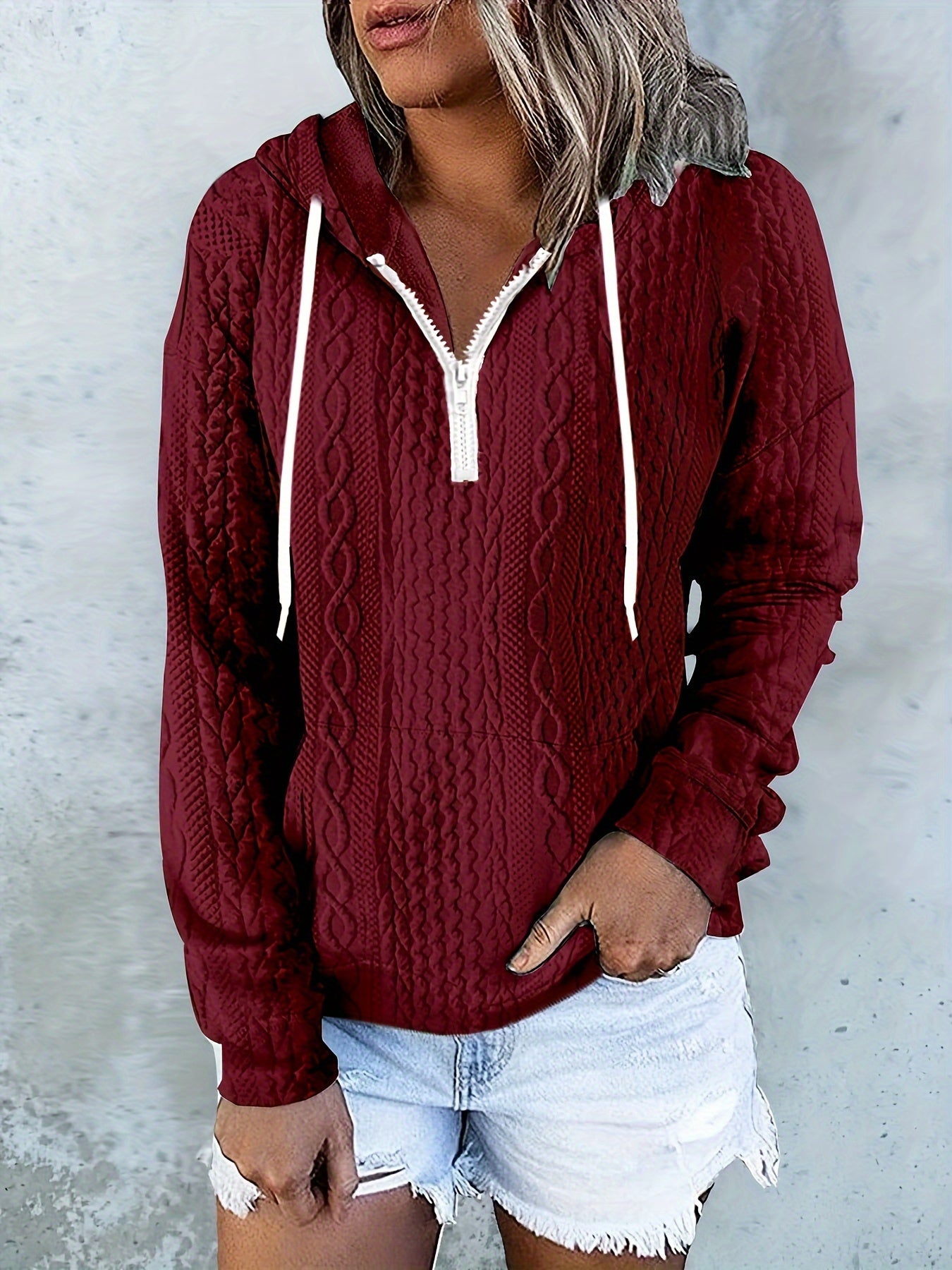 Cable Knit Quarter Zip Hoodie, Casual Long Sleeve Drawstring Hoodies Sweatshirt, Women's Clothing