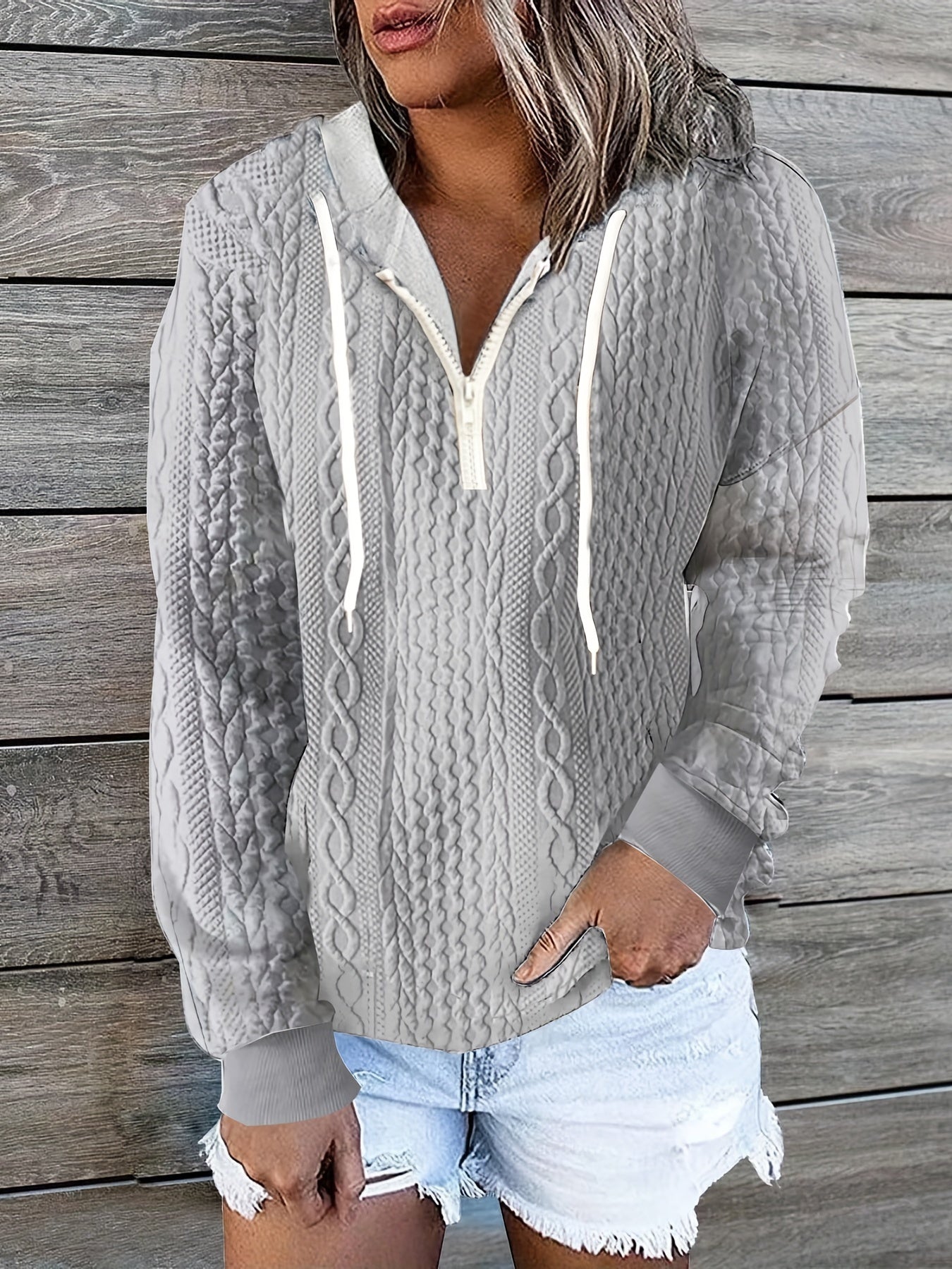 Cable Knit Quarter Zip Hoodie, Casual Long Sleeve Drawstring Hoodies Sweatshirt, Women's Clothing
