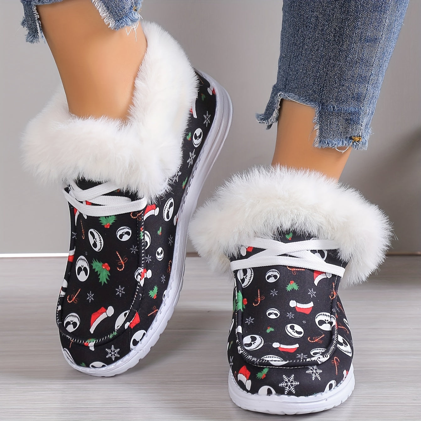 Women's Cartoon Print Fluffy Shoes, Slip On Fleece Lining Flat Soft Sole Shoes, Winter Plush Christmas Canvas Shoes
