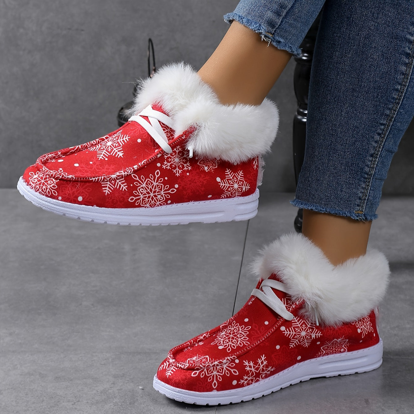 Women's Cartoon Print Fluffy Shoes, Slip On Fleece Lining Flat Soft Sole Shoes, Winter Plush Christmas Canvas Shoes