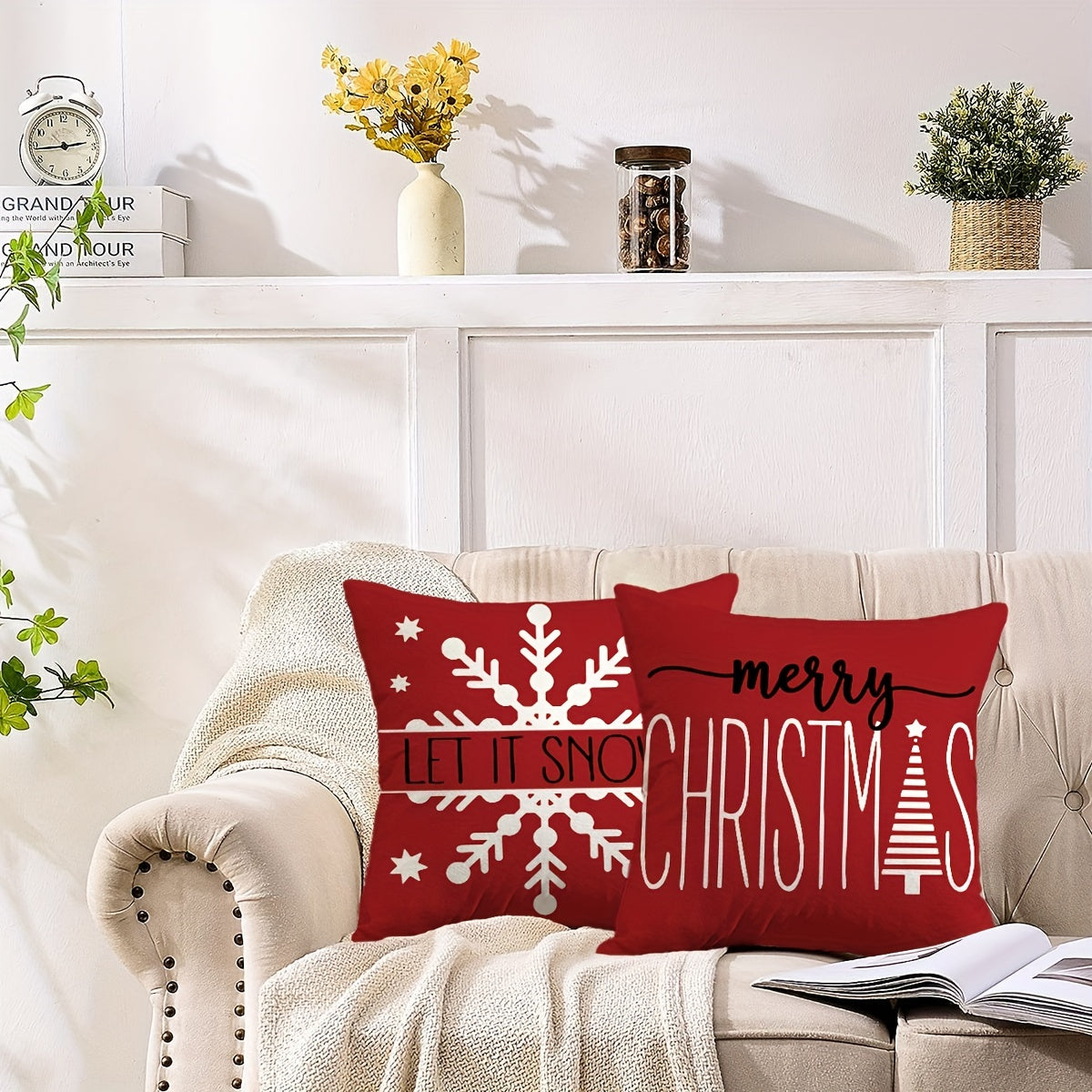 4pcs Red Christmas Pillow Covers, 18*18Inch Set Of 4 Farmhouse Christmas Decorations, Merry Christmas Tree Truck Hello Winter Holiday Decor Throw Cushion Cases For Couch Sofa Living Room Outdoor，Without Pillow Inserts
