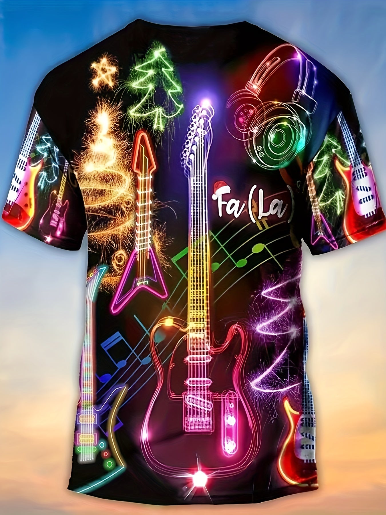 Men's Stylish Guitar Pattern Shirt, Casual Slightly Stretch Breathable Crew Neck Short Sleeve Tee Top For City Walk Street Hanging Outdoor Activities