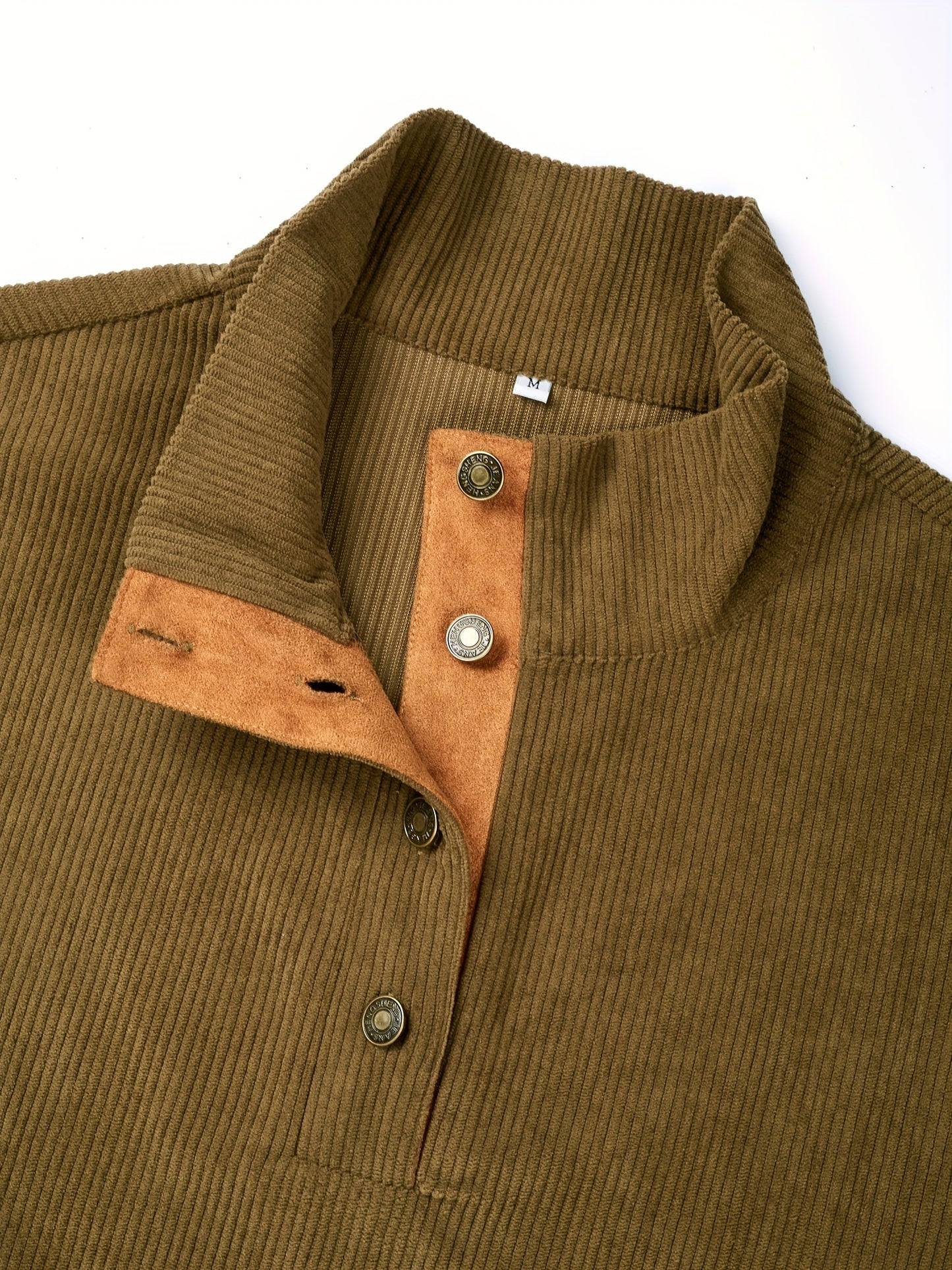 Ribbed Men's Casual Retro Stand Collar Thick Long Sleeve Henry Shirt, Fall Winter
