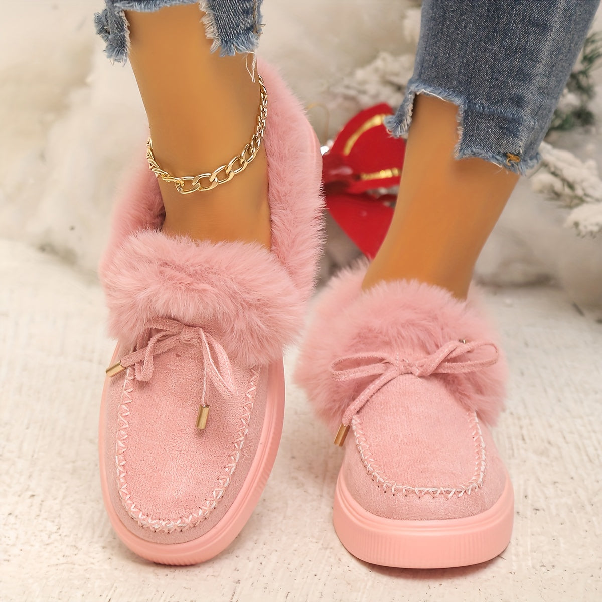 Women's Fluffy Furry Snow Boots, Solid Color Bowknot Plush Lined Ankle Boots, Winter Warm Flat Fuzzy Short Boots