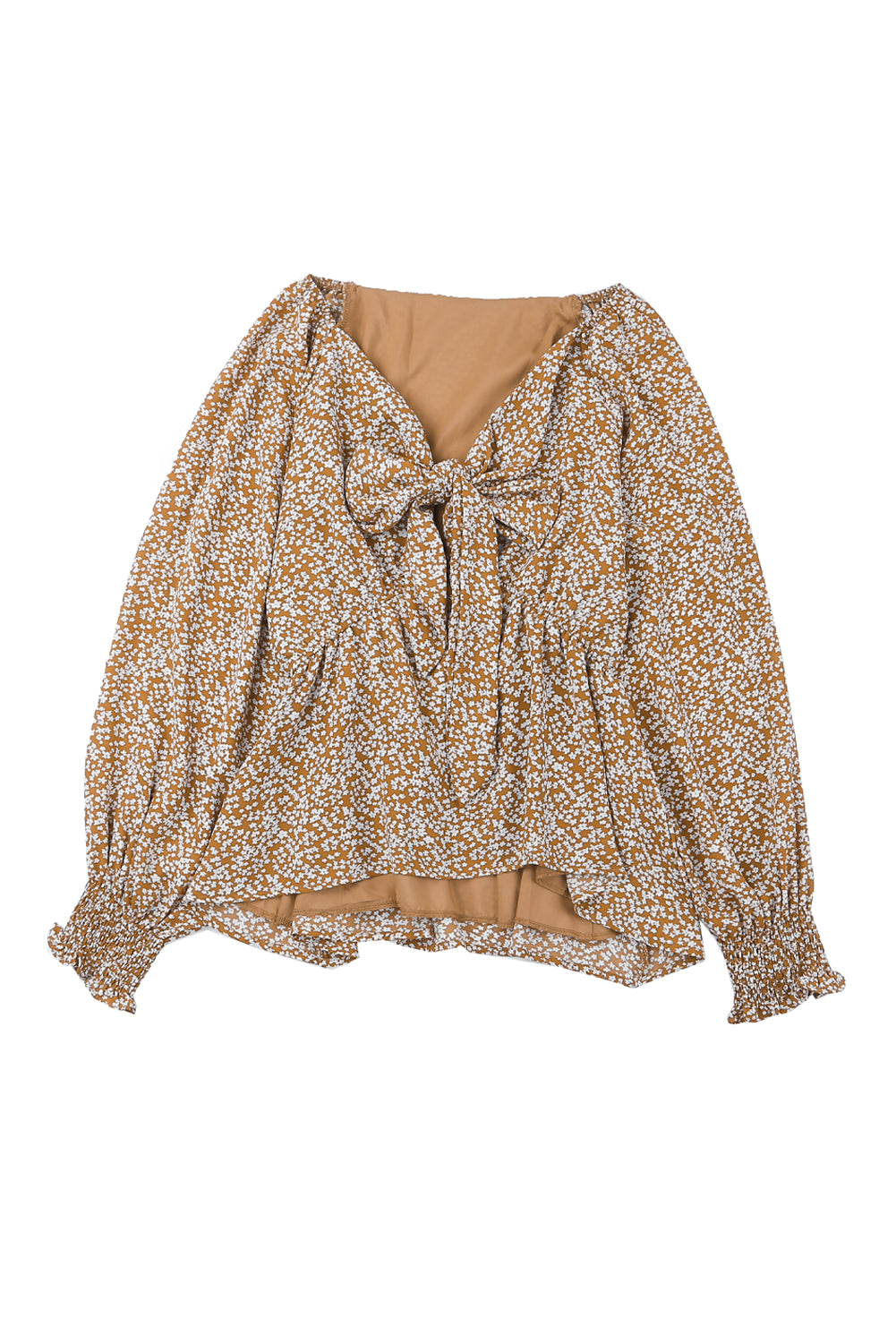 Linda blusa de manga larga con volantes y lazo delantero con estampado floral