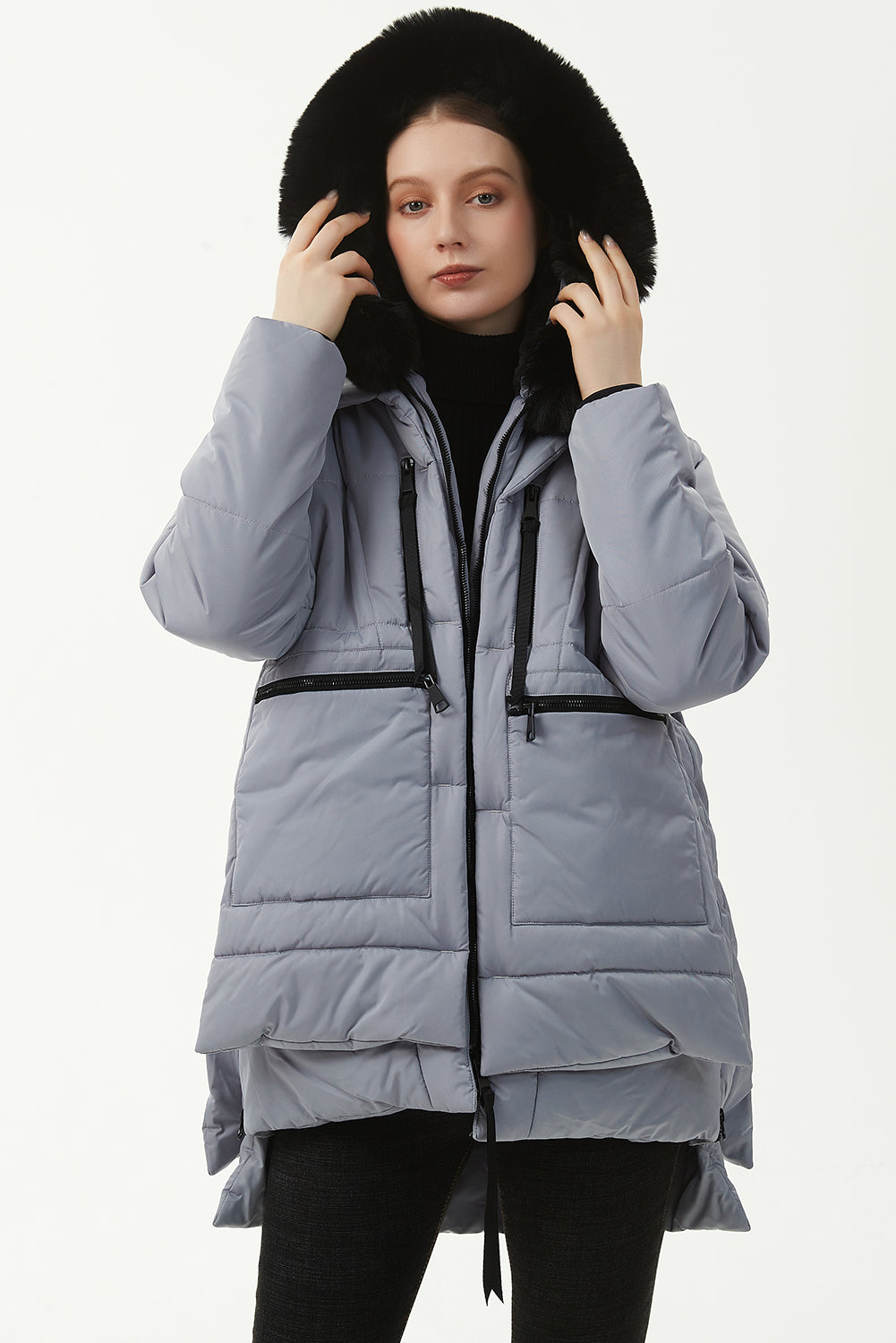 Beige Plush Linen Zip Up Hooded Puffer Coat