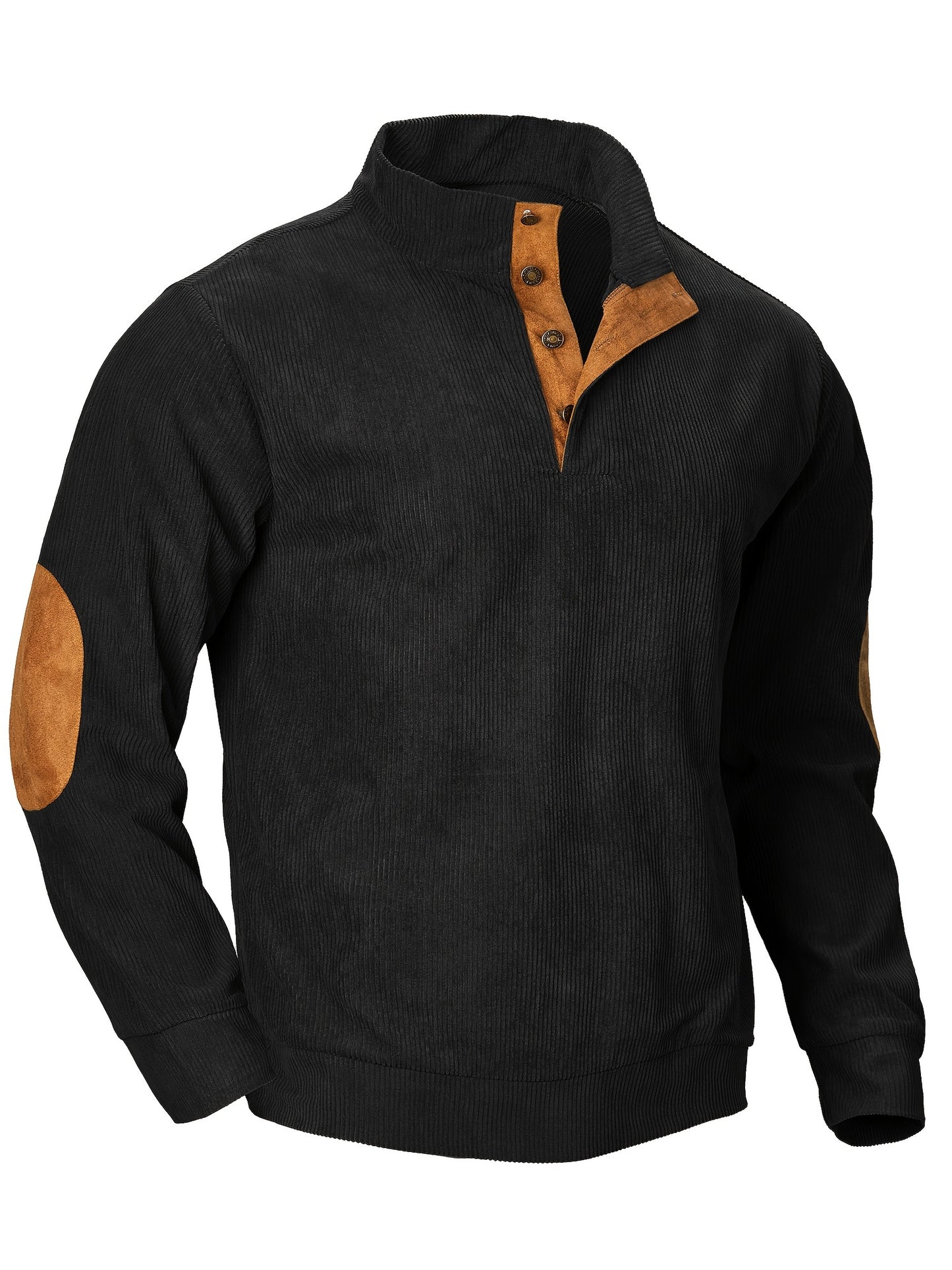 Ribbed Men's Casual Retro Stand Collar Thick Long Sleeve Henry Shirt, Fall Winter