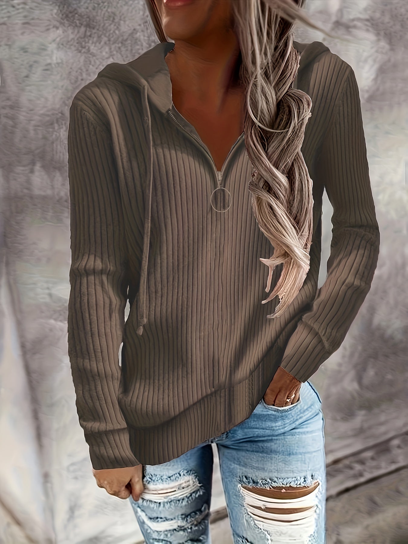 Zip-up Pullover Drawstring Hoodie, Casual Long Sleeve Ribbed Hoodie Sweatshirt, Women's Clothing