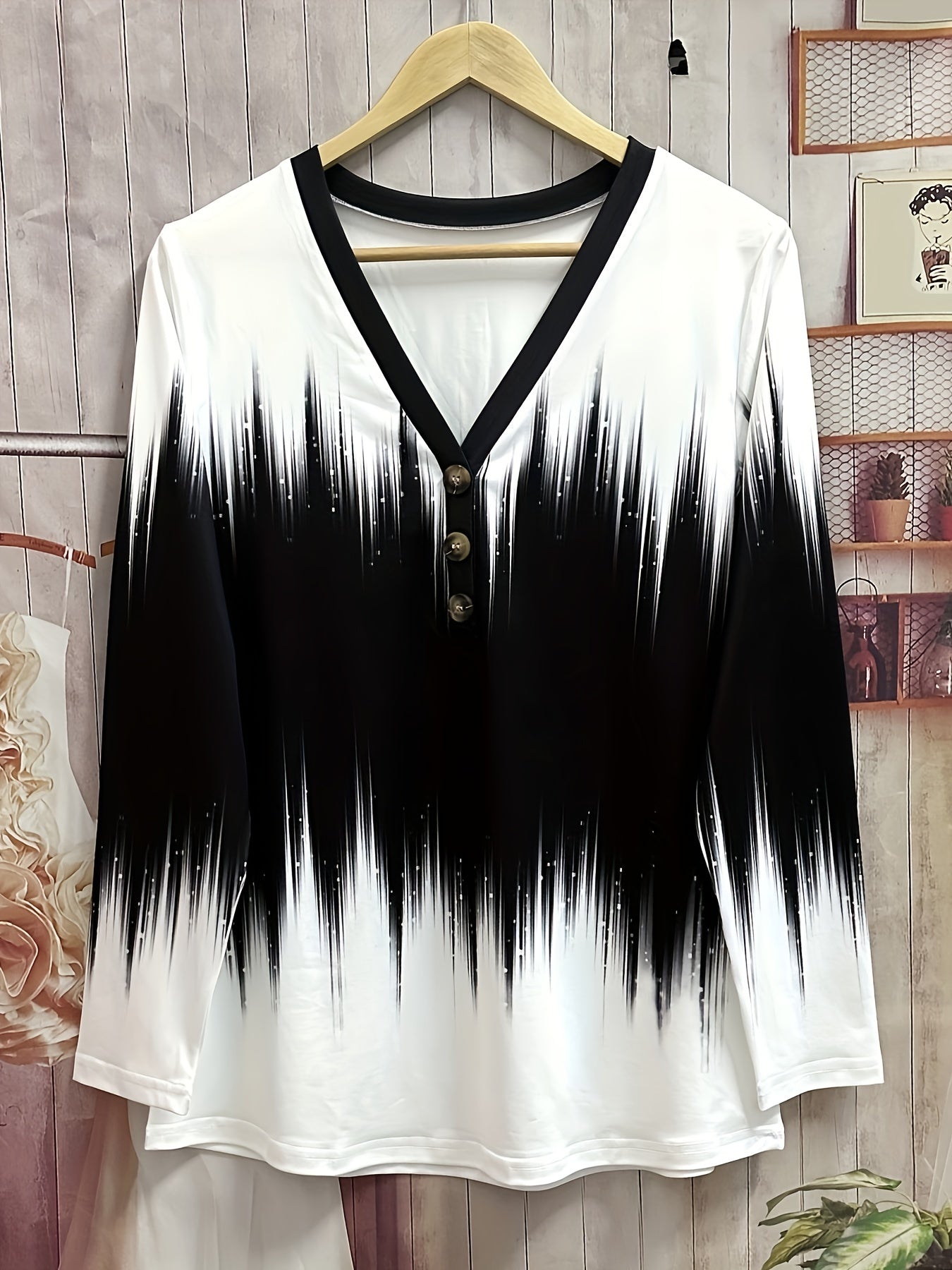 Plus Size Casual T-shirt, Women's Plus Ombre Stripe Print Button Decor Long Sleeve V Neck Slight Stretch T-shirt
