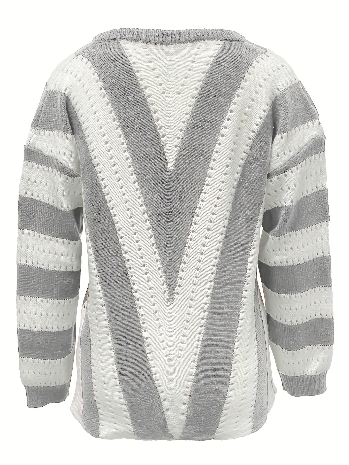 Striped Pattern Eyelet V Neck Pullover Sweater, Casual Long Sleeve Sweater For Fall & Winter, Women's Clothing