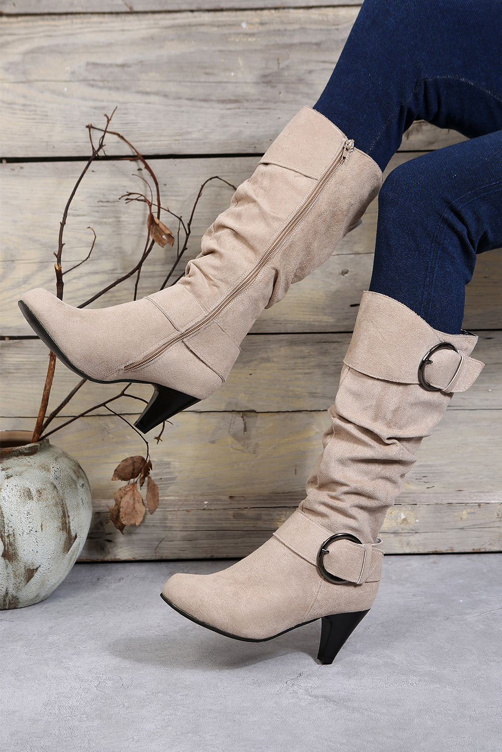Chestnut Pointed Toe Buckle Decor Zipper Heeled Boots