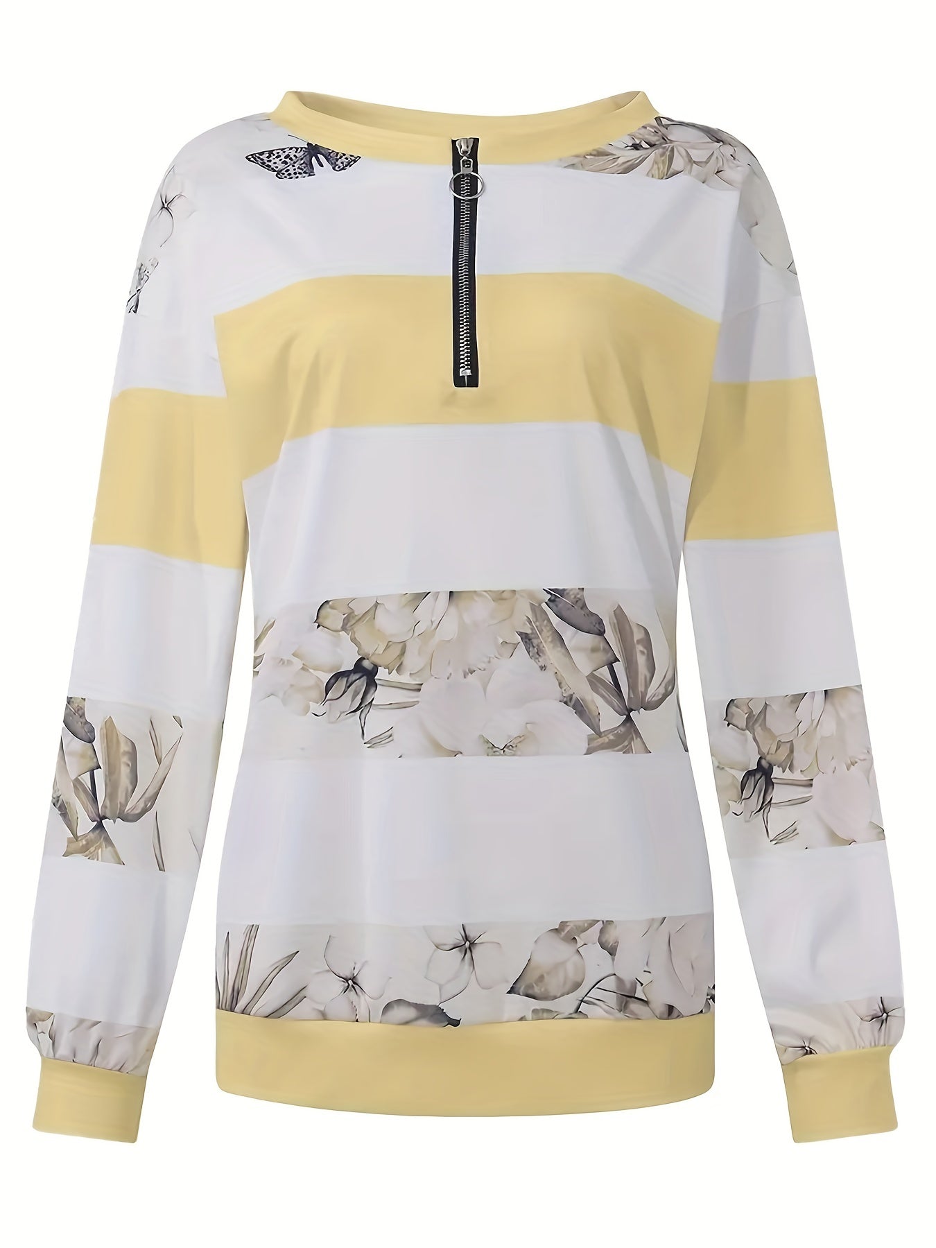 Floral Print Striped Zipper Pullover Sweatshirt, Casual Long Sleeve Sweatshirt For Fall & Winter, Women's Clothing