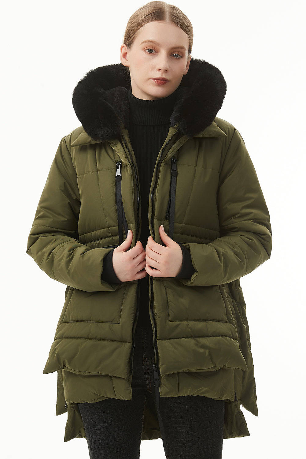 Beige Plush Linen Zip Up Hooded Puffer Coat