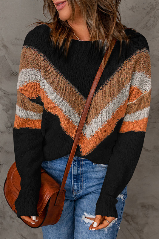 Black Chevron Striped Drop Shoulder Sweater