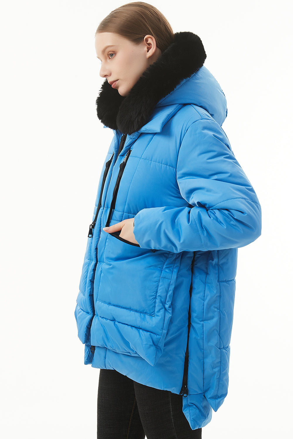 Beige Plush Linen Zip Up Hooded Puffer Coat