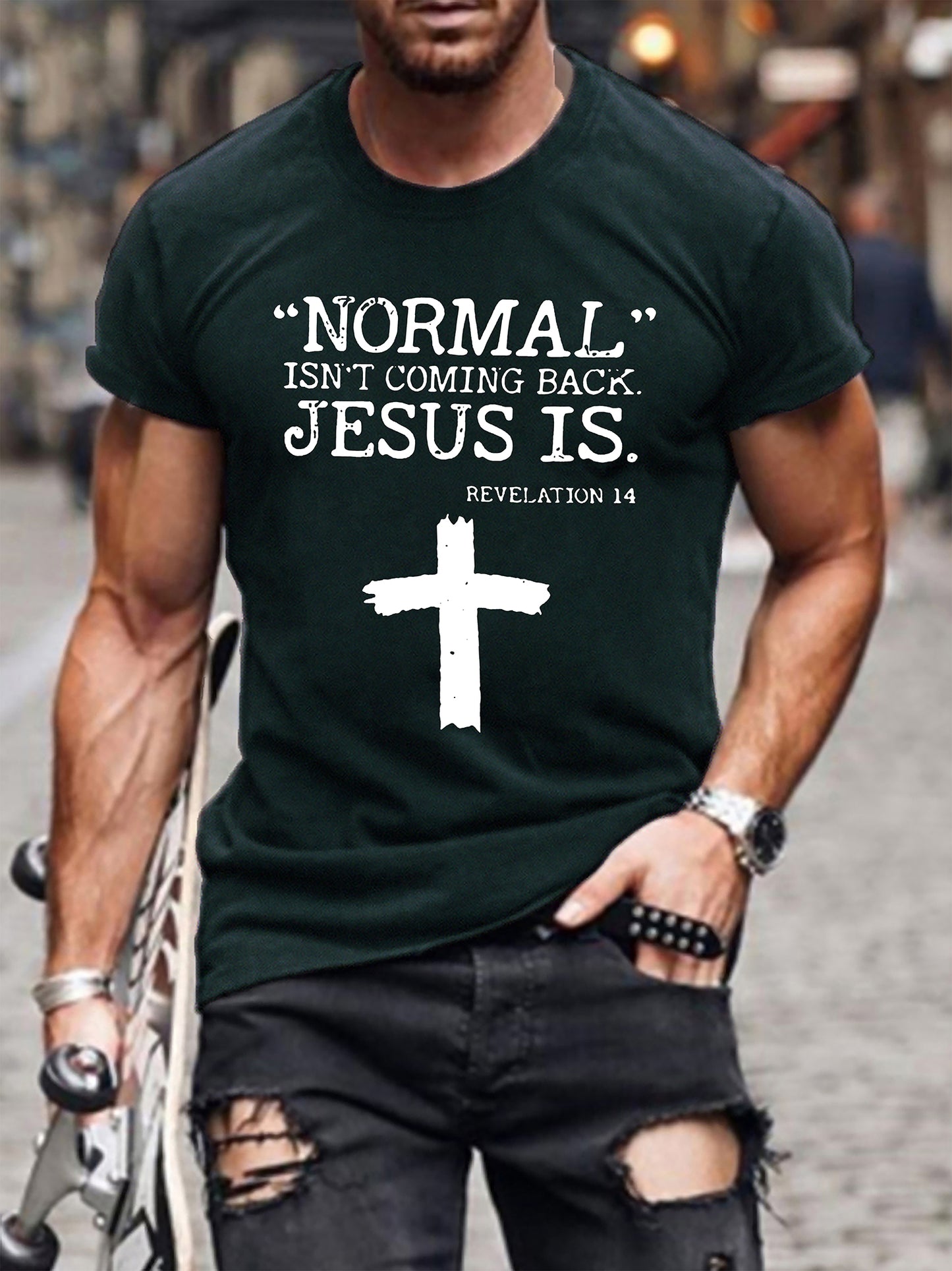 Cross & Jesus Letter Pattern Print Men's T-shirt, Graphic Tee Men's Summer Clothes, Men's Outfits