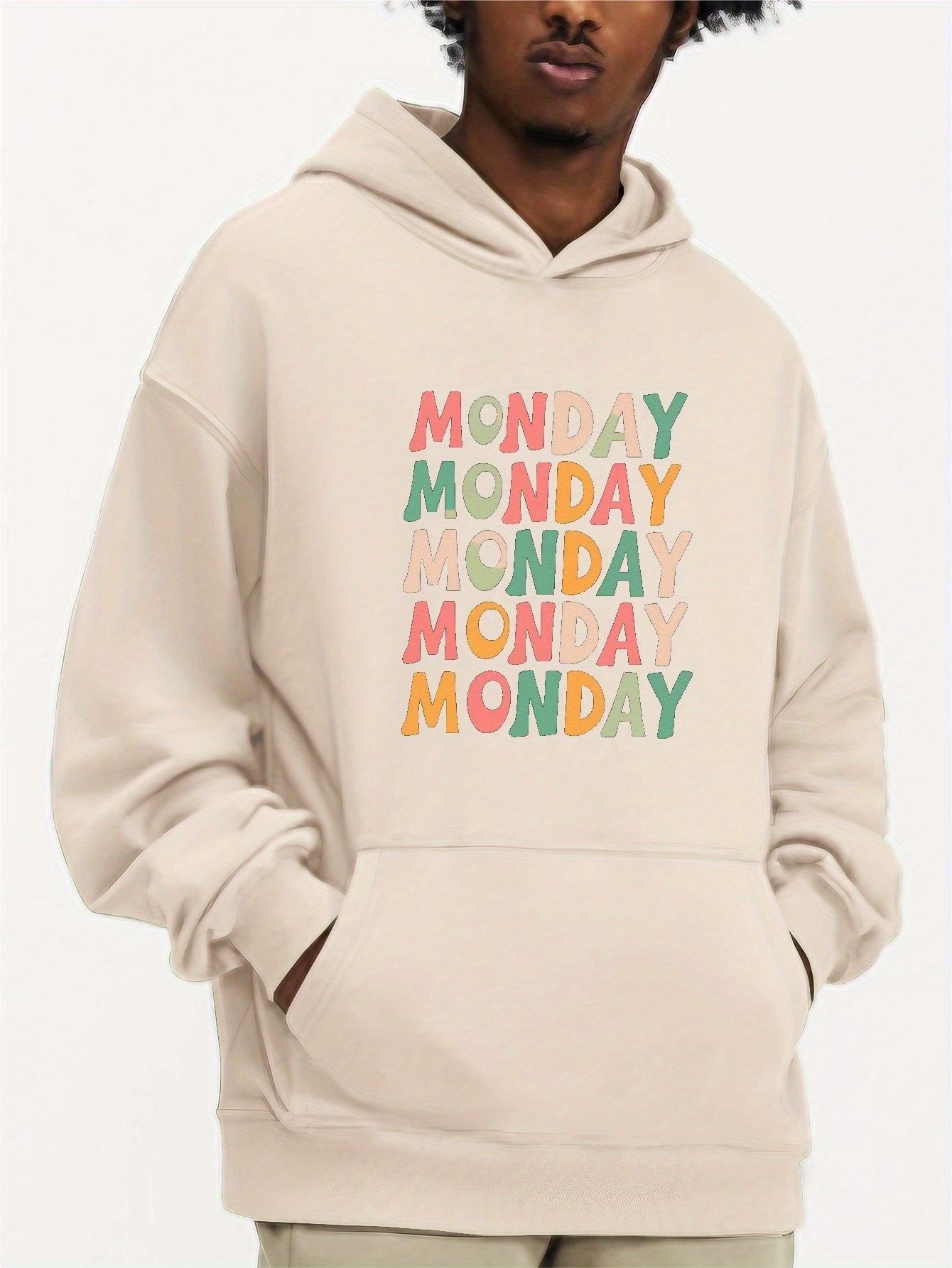 Men's Letter MONDAY Print Hoodie, Casual Loose Hooded Long Sleeve Slightly Stretch Top, Men's Clothings For Outdoor
