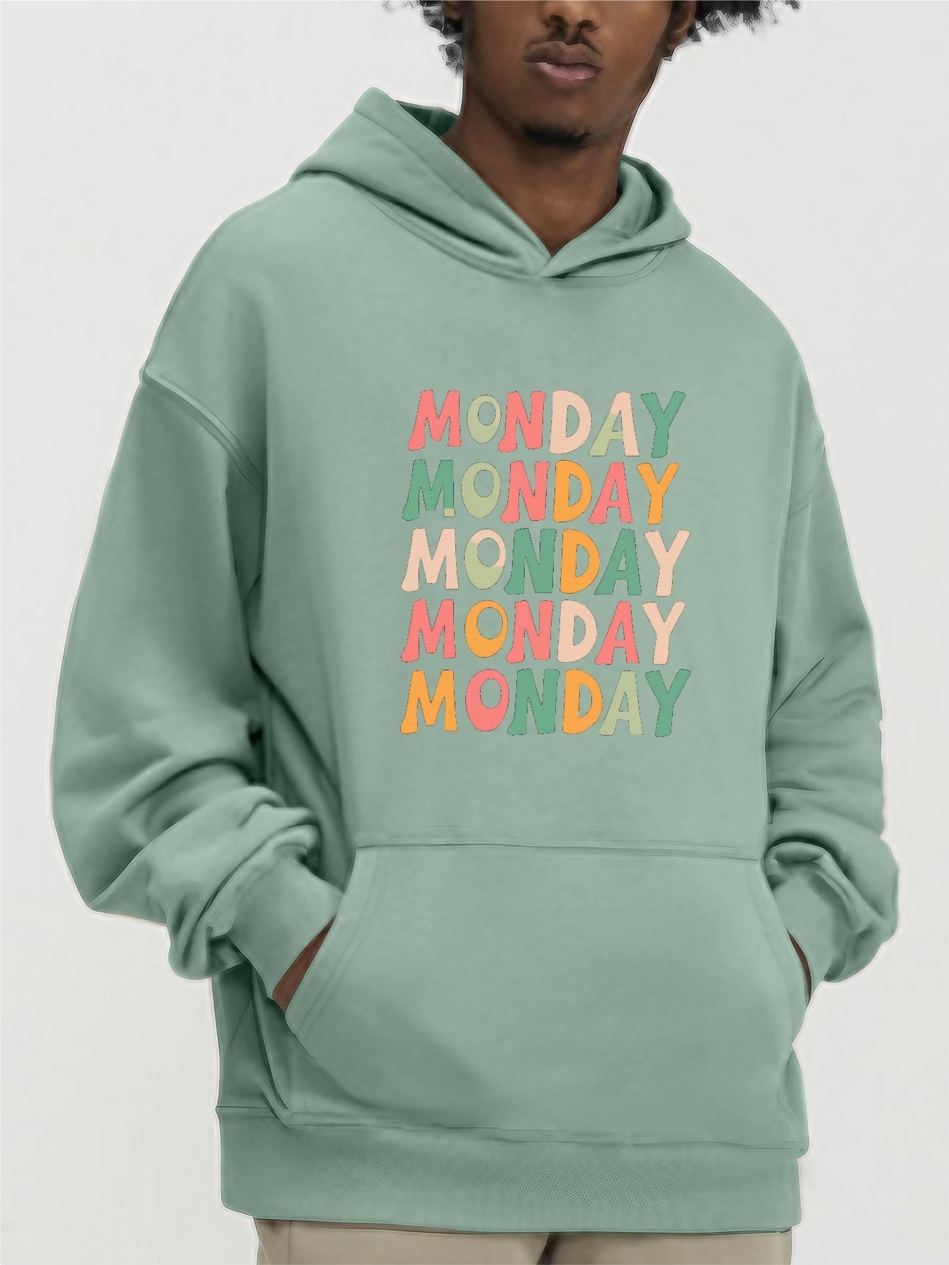Men's Letter MONDAY Print Hoodie, Casual Loose Hooded Long Sleeve Slightly Stretch Top, Men's Clothings For Outdoor