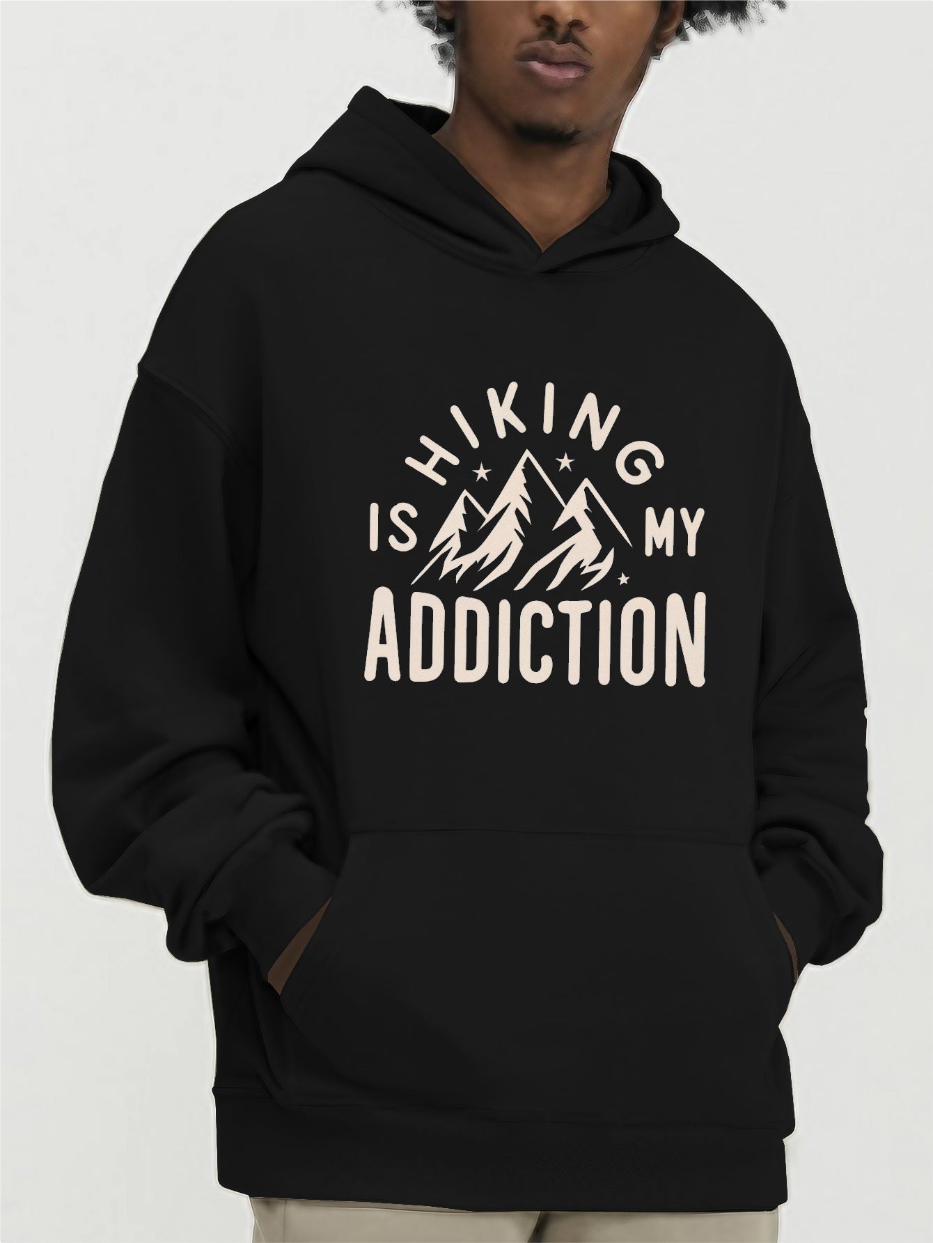 Men's Letter ADDICTION Print Hoodie, Casual Loose Hooded Long Sleeve Slightly Stretch Top, Men's Clothings For Outdoor