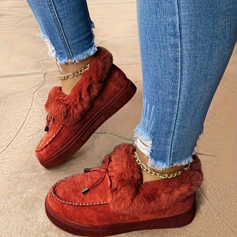Women's Fluffy Furry Snow Boots, Solid Color Bowknot Plush Lined Ankle Boots, Winter Warm Flat Fuzzy Short Boots
