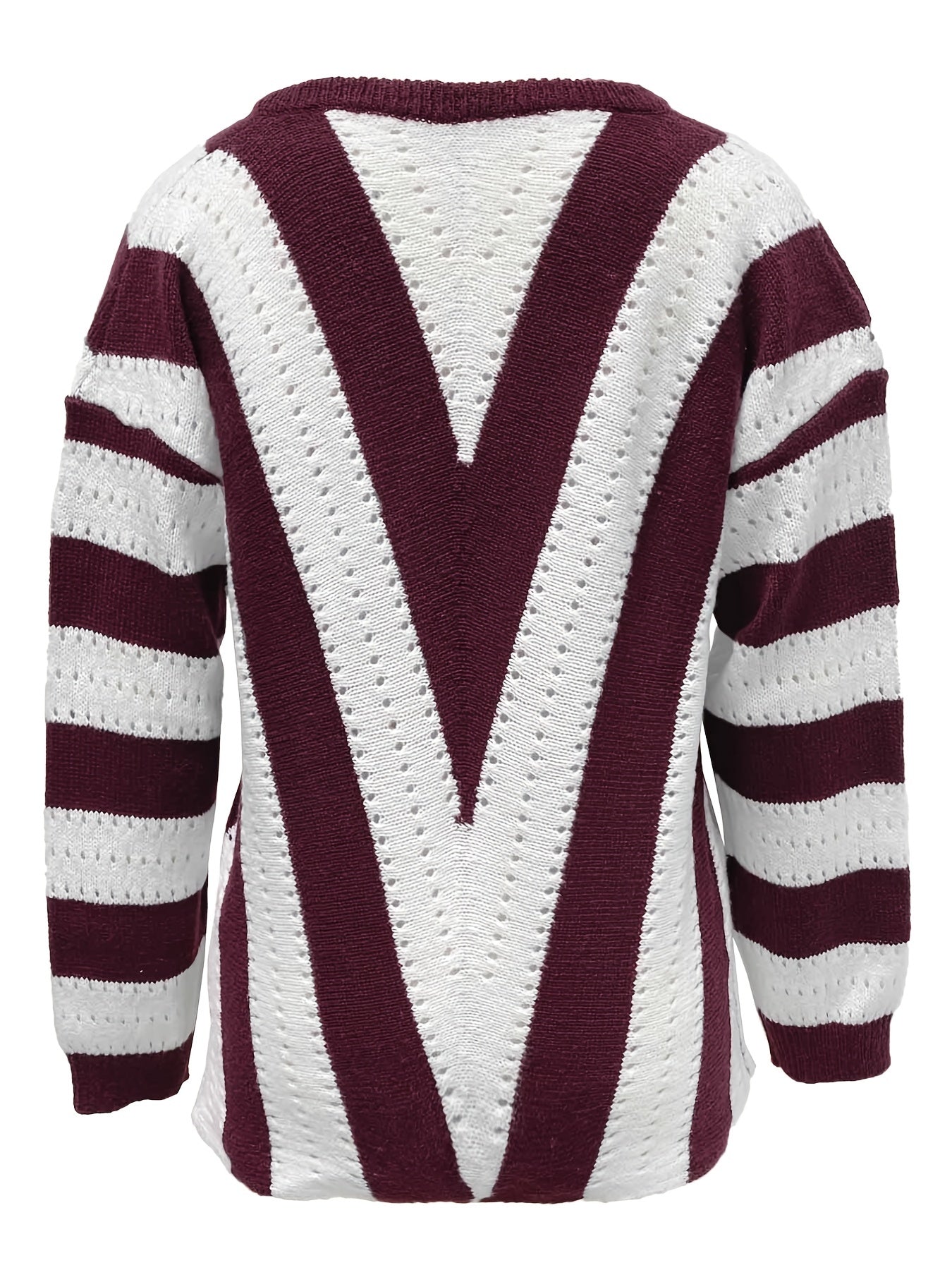 Striped Pattern Eyelet V Neck Pullover Sweater, Casual Long Sleeve Sweater For Fall & Winter, Women's Clothing