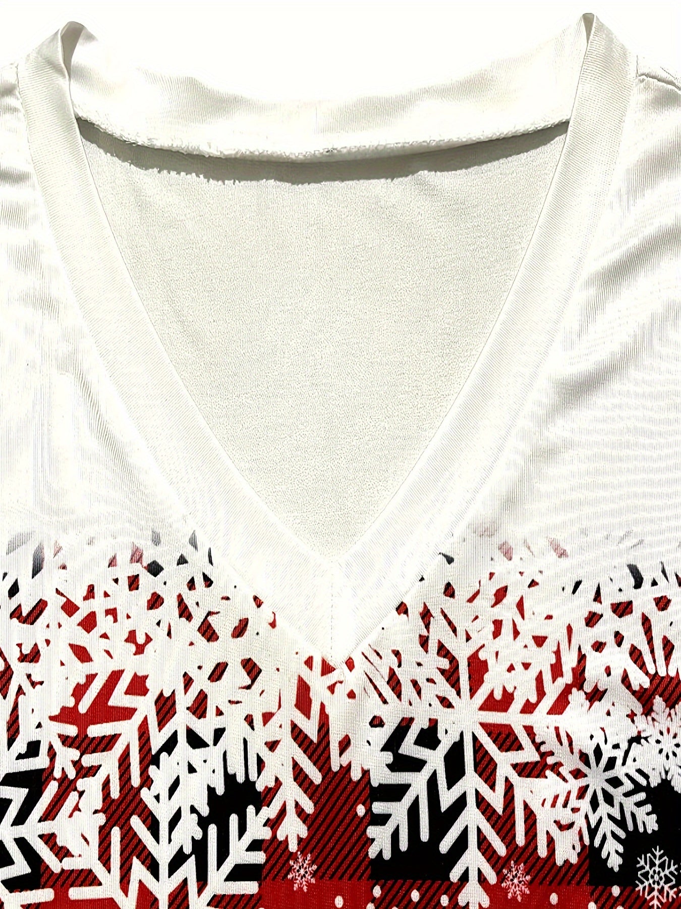 Snowflake & Plaid Print V Neck T-Shirt, Casual Long Sleeve Top For Spring & Fall, Women's Clothing