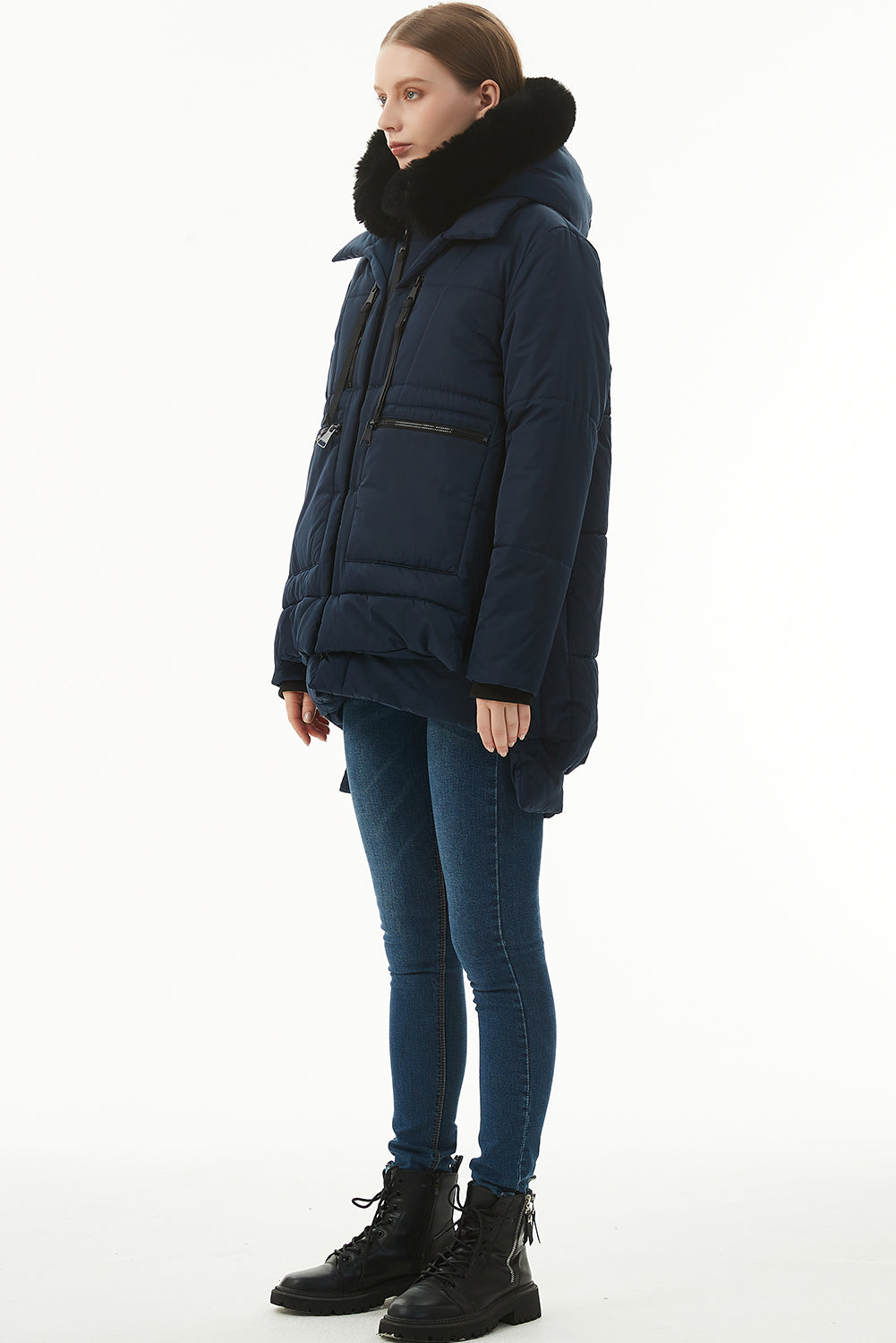 Beige Plush Linen Zip Up Hooded Puffer Coat