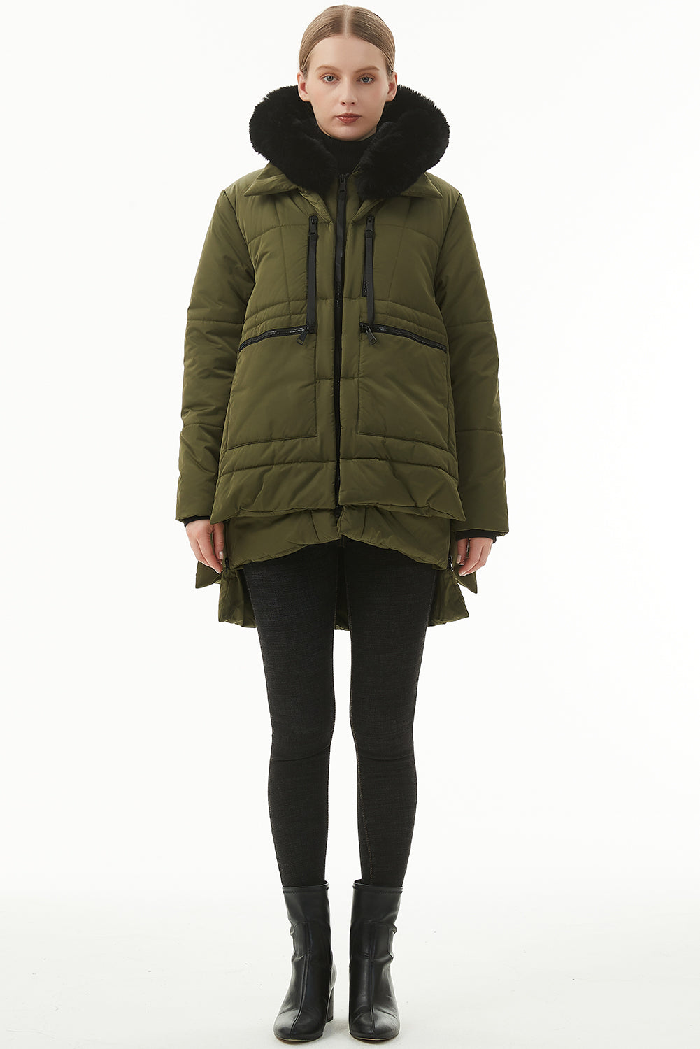 Beige Plush Linen Zip Up Hooded Puffer Coat