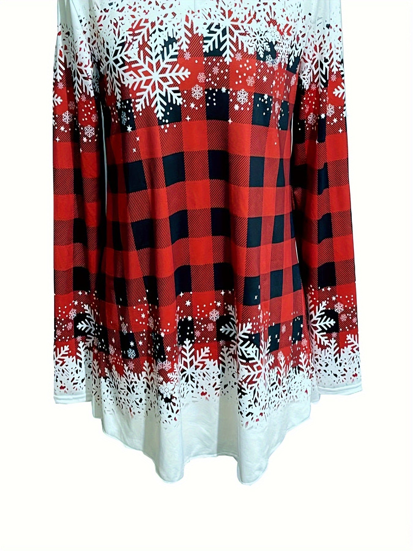 Snowflake & Plaid Print V Neck T-Shirt, Casual Long Sleeve Top For Spring & Fall, Women's Clothing