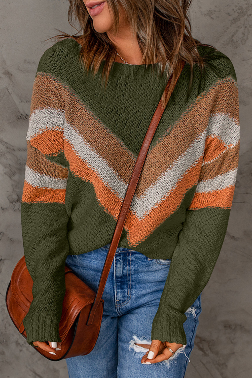 Black Chevron Striped Drop Shoulder Sweater